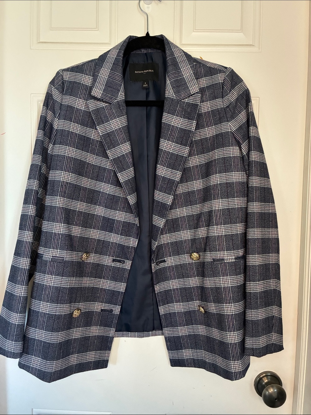 Banana Republic Navy and White Plaid Double-Breasted Blazer